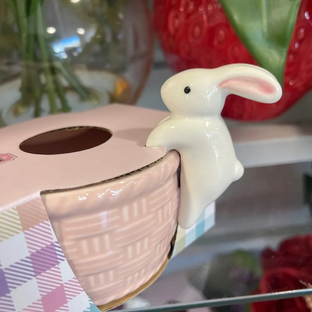 Pink Bunny Basket Spring Easter Ceramic Ramekins Bakeshop Set of 2 NWT